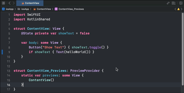 Xcode autocomplete suggesting the Swift-friendly helloWorld() global function generated by SKIE
