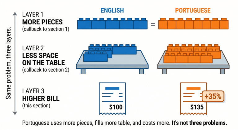 The linguistic tax in three layers